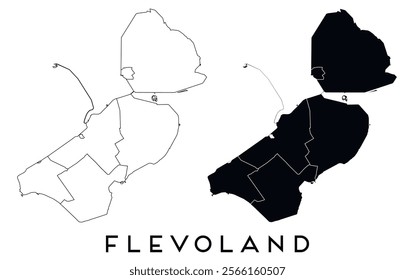 Flevoland map of regions districts vector black on white and outline