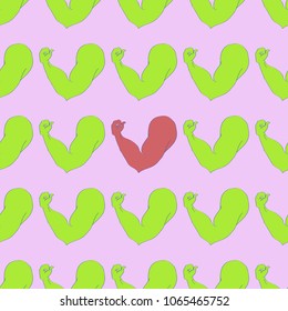 Flex arm bodybuilder with big muscles seamless pattern.