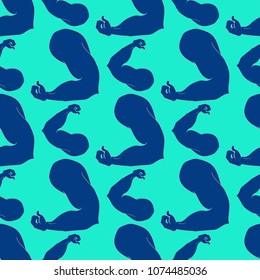 Flex arm bodybuilder with big muscles seamless pattern.