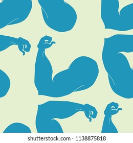Flex arm bodybuilder with big muscles seamless pattern.