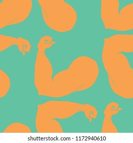 Flex arm bodybuilder with big muscles seamless pattern.