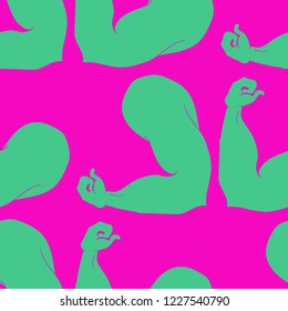 Flex arm bodybuilder with big muscles seamless pattern.