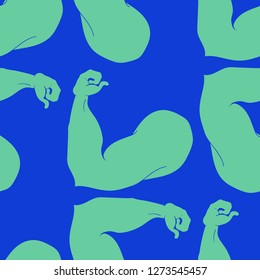 Flex arm bodybuilder with big muscles seamless pattern.