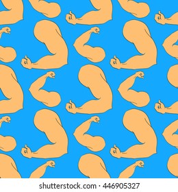 Flex arm bodybuilder with big muscles seamless pattern.