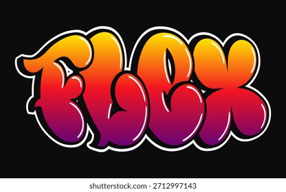 Flex graffiti word in bold bubble letters with glossy orange red purple gradient and white outline on a dark background, street art style conveying vibrant, playful urban expression