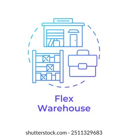 Ícone de conceito de gradiente azul de depósito flexível. Tipo de edifício industrial. Híbrido de espaço para escritório e armazenamento. Ilustração de linha de forma redonda. Ideia abstrata. Design gráfico. Fácil de usar no artigo