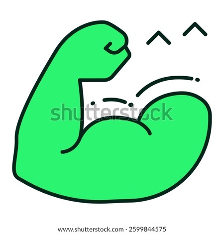 Flexed arm muscle with chart icon representing muscle gain, bulking phase, and strength training, editable stroke