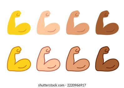 Juego de iconos de emoji bicep con flexión. Sólido símbolo del brazo en dos estilos, delineado y dibujo animado plano. Diferente color de piel. Ilustración vectorial.