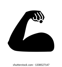 Flexed bicep glyph icon. Silhouette symbol. Strong emoji. Muscle. Bodybuilding, workout. Man's arm, forearm. Negative space. Vector isolated illustration