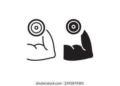 Flexed bicep lifting dumbbell icon in black and white Vector