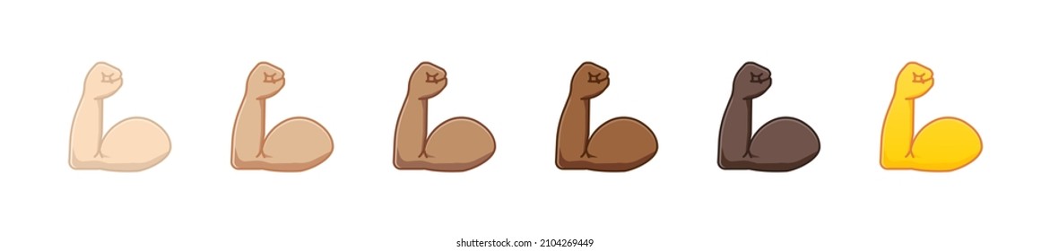 Flexed biceps emoji. Biceps Gesture Icon. Hands of various skin tones. Biceps hand emoji. Strong emoji muscle. All skin tone gesture emoji. Vector