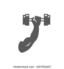 Flexed hand muscle with dumbbell in grayscale. Vector illustration.