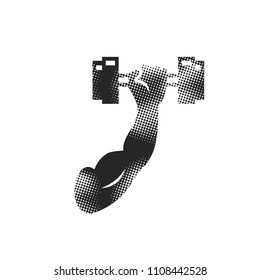 Flexed hand muscle with dumbbell in halftone style. Black and white monochrome vector illustration.