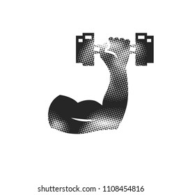 Flexed hand muscle with dumbbell in halftone style. Black and white monochrome vector illustration.