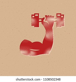 Flexed hand muscle with dumbbell in halftone style. Grunge background vector illustration.