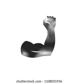 Flexed hand muscle in halftone style. Black and white monochrome vector illustration.