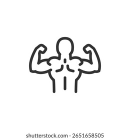 Torso flexionado sem abs, ícone linear. Potência da parte superior do corpo e construção do ombro. Linha com traçado editável.