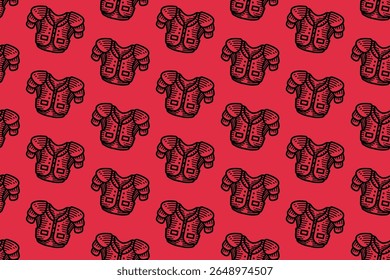 flexibel shoulder pads pattern. american football shoulder pad vintage repeat seamless pattern wallpaper. red background with rugby body guard outline illustration for sport themed merchandise.