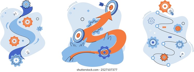 Flexibility. Abstract paths with arrows and gears on a light background. Ideal for innovation, creativity, engineering, progress, and navigation themes. Modern vector design in blue and orange hues