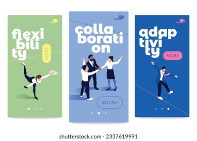 Flexibility collaboration adaptivity soft skills vertical conceptual banners set isometric isolated vector illustration