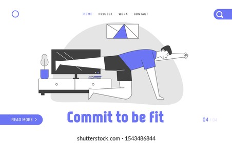 Flexibility Exercise Body Relaxation Healthy Lifestyle Website Landing Page. Young Man Practicing Sports Activity at Home Stretching Limbs Web Page Banner. Cartoon Flat Vector Illustration, Line Art