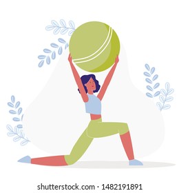 Flexibility Exercise, Workout Vector Illustration. Smiling Yoga Instructor in Sportswear Cartoon Character. High Forward Lunge with Stability Ball. Healthy Young Woman Working out. Pilates Training