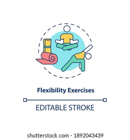 Flexibility exercises concept icon. Stretching workout. Body wellness. Yoga pose. Kinesiology idea thin line illustration. Vector isolated outline RGB color drawing. Editable stroke