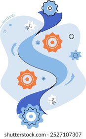 Flexibility. Gears represent interconnectedness, surrounded by arrows, pathways, bees and stars, indicating movement and progress. Ideal for process, workflow, innovation, development
