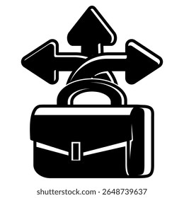 Icono de flexibilidad representado por maletín, flechas en diferentes direcciones Estilo relleno negro.