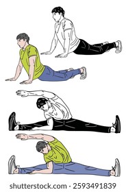 Flexibility Journey: A detailed illustration sequence showing the process of a person performing dynamic stretching, including multiple movements, showcasing the essence of achieving fitness goals.