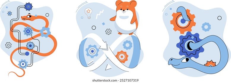 Flexibility. Mechanical gears and pipes intertwined with snakes and a hamster on infinity loops, showcasing adaptability and creativity. Ideal for engineering, innovation, problem-solving