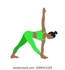Flexibilität plündert Yogaposium. Afroamerikanerin, Dame, Frau, Mädchen. Meditation, Pilate, psychische Gesundheit, Trainingsraum. Vektorgrafik im Cartoon-Stil einzeln auf weißem Hintergrund.