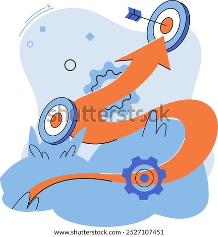 Flexibility. Shown are multiple bullseyes connected by a curved orange arrow. An arrow hits the final target, symbolizing achieving goals. Ideal for business strategies, goal setting, success