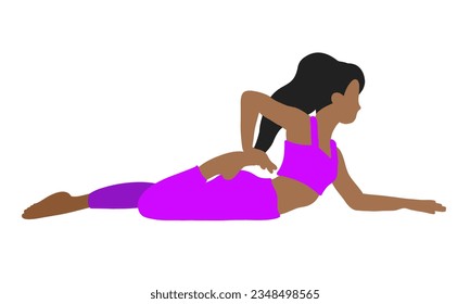 Flexibility yoga lying pose. African American longhair female, lady, woman, girl. Pilates, mental health, training, gym. Vector illustration in cartoon flat style isolated on white background.