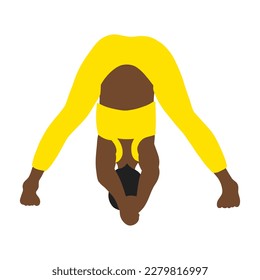 Flexibility yoga pose. African American female, lady, woman, girl with yellow track suit. Pilates, training, fitness, sport. Vector illustration in cartoon flat style isolated on white background.