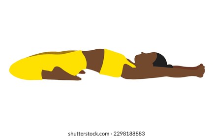 Flexibility yoga pose. African American female, lady, woman, girl with yellow track suit. Pilates, training, fitness, sport. Vector illustration in cartoon flat style isolated on white background.