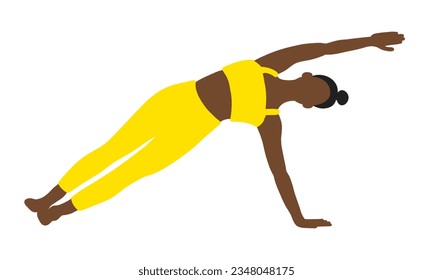 Flexibility yoga pose. African American female, lady, woman, girl with yellow track suit. Pilates, training, fitness, sport. Vector illustration in cartoon flat style isolated on white background.