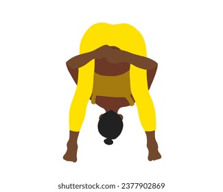 Posibilidad de yoga flexible. Mujer afroamericana, dama, mujer, chica con traje de pista amarillo. Pilates, entrenamiento, fitness, deporte. Ilustración vectorial en estilo plano de dibujos animados aislados en fondo blanco.
