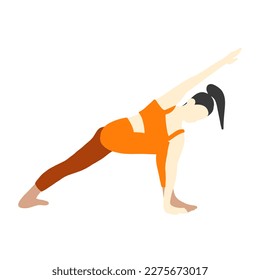 Flexibility yoga pose. Asian female, lady, woman, girl. Meditation, pilates, mental health, training, sport, gym. Vector illustration in cartoon flat style isolated on white background.