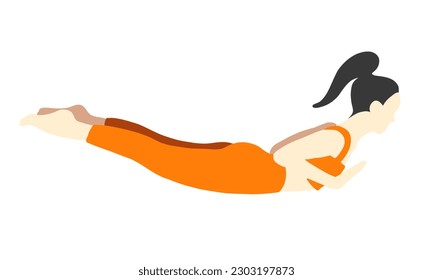 Flexibility yoga pose. Asian female, lady, woman, girl. Meditation, pilates, mental health, training, sport, gym. Vector illustration in cartoon flat style isolated on white background.