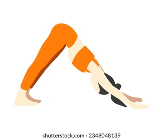 Flexible Yoga-Pose. Asiatische Frau, Dame, Frau, Mädchen. Meditation, Pilate, psychische Gesundheit, Ausbildung, Sport, Fitnessraum. Vektorgrafik im Cartoon-Stil einzeln auf weißem Hintergrund.