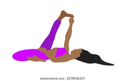 Flexibility yoga pose lying on back. African American longhair female, lady, woman, girl. Pilates, mental health, training, gym. Vector illustration in cartoon flat style isolated on white background.