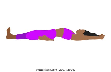 Flexibilidad, yoga posada en la espalda. Mujer afroamericana de cabello largo, mujer, mujer, niña. Pilatos, salud mental, entrenamiento, gimnasia. Ilustración vectorial en estilo plano de dibujos animados aislados en fondo blanco.