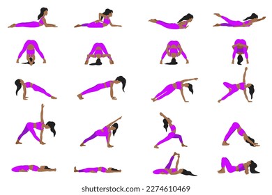 Flexibility yoga poses collection. African American longhair female, lady, woman, girl. Pilates, mental health, training, gym. Vector illustration in cartoon flat style isolated on white background.