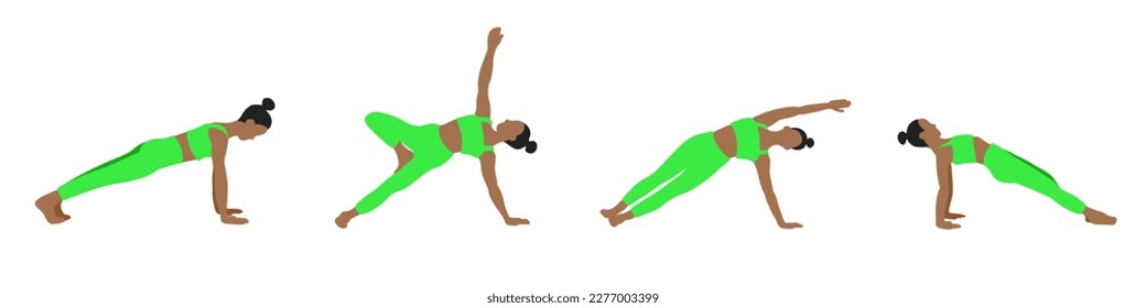 Flexibility yoga poses collection. African American female, lady, woman, girl. Meditation, pilates, mental health, training gym. Vector illustration in cartoon flat style isolated on white background.