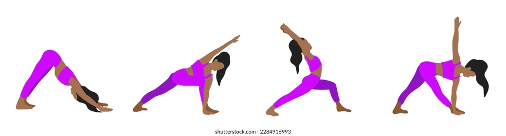 Flexibility yoga poses collection. African American longhair female, lady, woman, girl. Pilates, mental health, training, gym. Vector illustration in cartoon flat style isolated on white background.