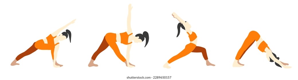 Flexibility yoga poses collection. Asian female, lady, woman, girl. Meditation, pilates, mental health, training, gym. Vector illustration in cartoon flat style isolated on white background.