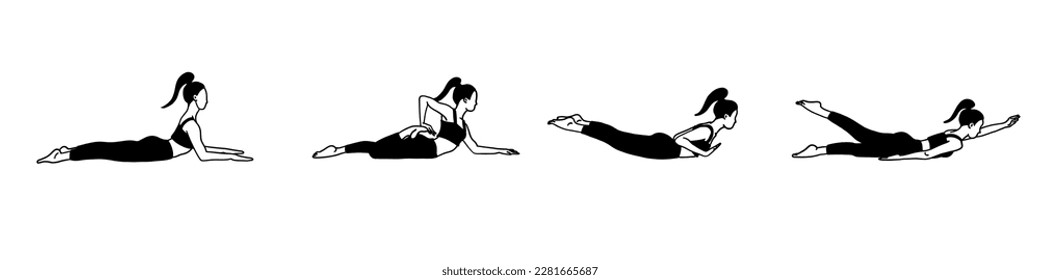 Flexibility yoga poses collection. Black and white. Female, lady, woman, girl. Meditation, pilates, mental health, training, gym. Vector illustration in cartoon flat style isolated on white background