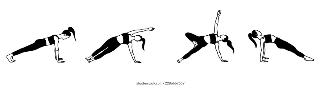 Flexibility yoga poses collection. Black and white. Female, lady, woman, girl. Meditation, pilates, mental health, training, gym. Vector illustration in cartoon flat style isolated on white background