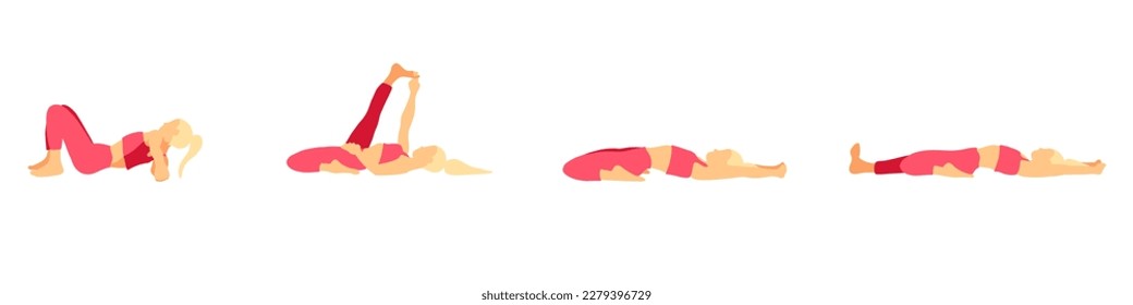 Flexibility yoga poses collection. Blonde hair female, lady, woman, girl. Meditation, pilates, mental health, training, gym. Vector illustration in cartoon flat style isolated on white background.